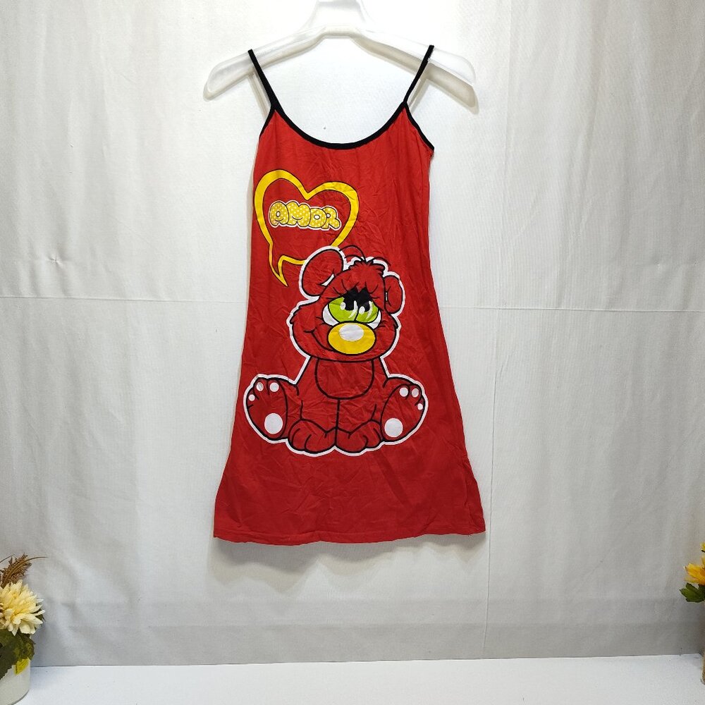 Nicoletta Amor Nightgown Size Large Red Cartoon Bear w/ Black Straps 90% Cotton